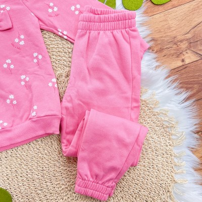 Conj. Casaco Florzinhas Brancas e Calça de Moletom - Rosa